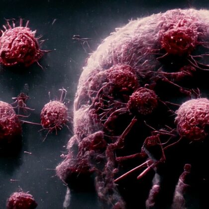 Red virus-like particles on dark background | Aesura Health