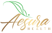 Gold cursive logo with green leaf | Aesura Health