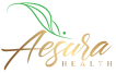 Gold cursive logo with green leaf | Aesura Health