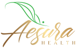 Gold cursive logo with green leaf | Aesura Health